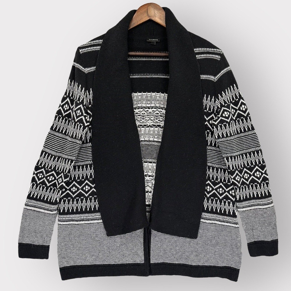 Talbots Cardigan Sweater Womens Medium Black White Geometric Shawl Collar Exc